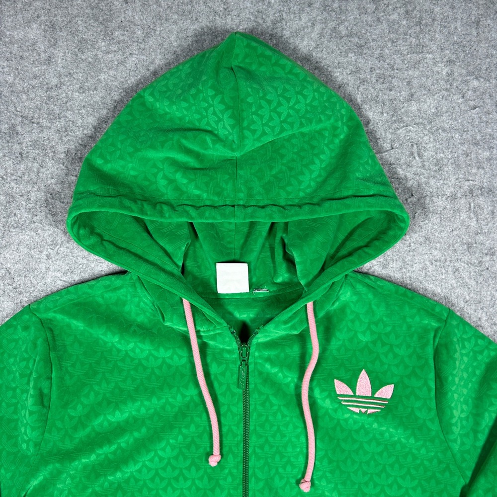 Adidas Hoodie Womens Large Green Monogram Velour Full Zip Trefoil Logo - Picture 2 of 15